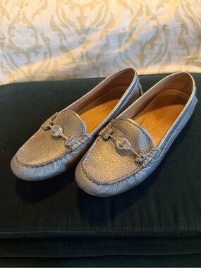 Coach Metallic Pewter Leather Loafers with Turn-Lock